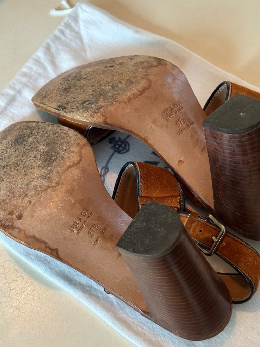 Prada Stacked Heel Sandals Size 37.5 (7.5 US) Brown Suede excellent condition - Picture 6 of 8